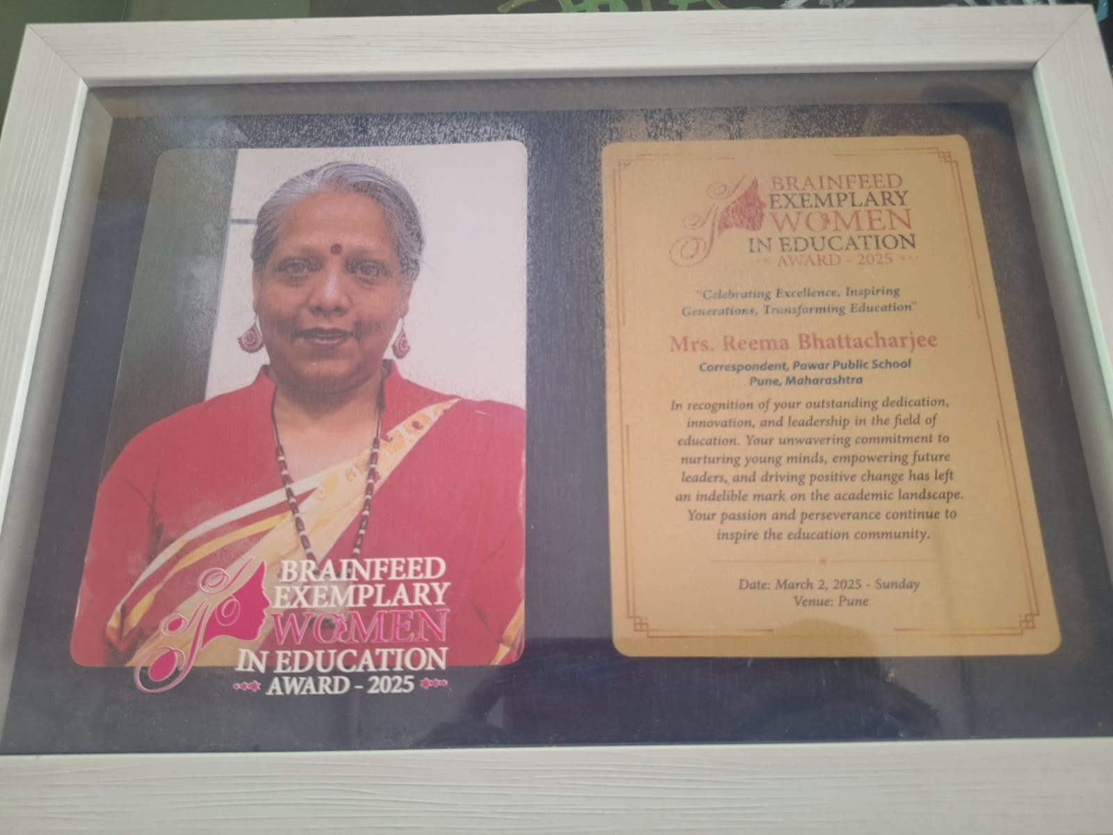 Exemplary Women In Education Award by Brainfeed 2024-25 : Ms. Reema Bhattacharjee