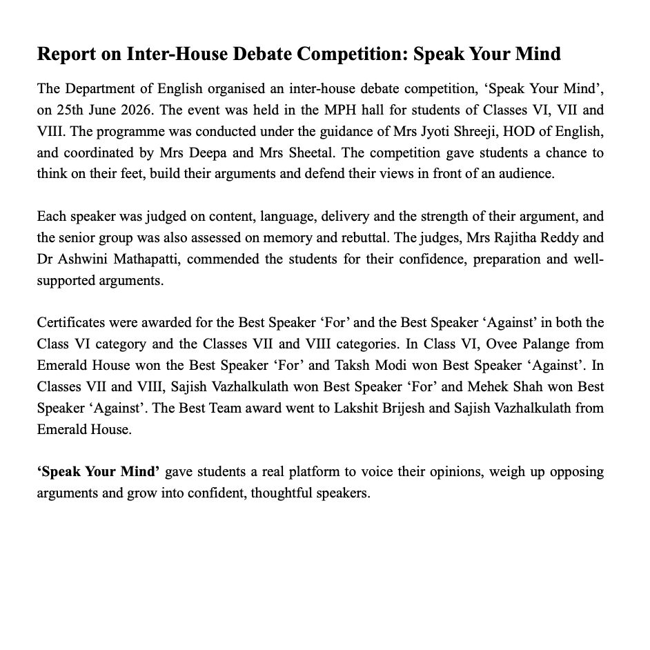 Std. 6, 7 and 8 Inter-House Debate Competition: Speak Your Mind